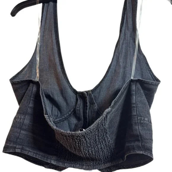 Black Denim Halter Vest Crop Top Button Front Y2K Style – Size XL - Picture 3 of 4